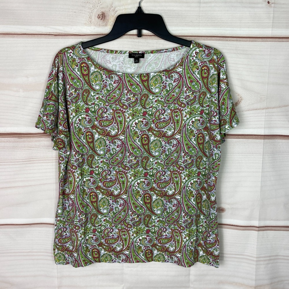 Talbots Top Womens Petite PL Green Paisley Boat Neck T-Shirt Knit Short Sleeve